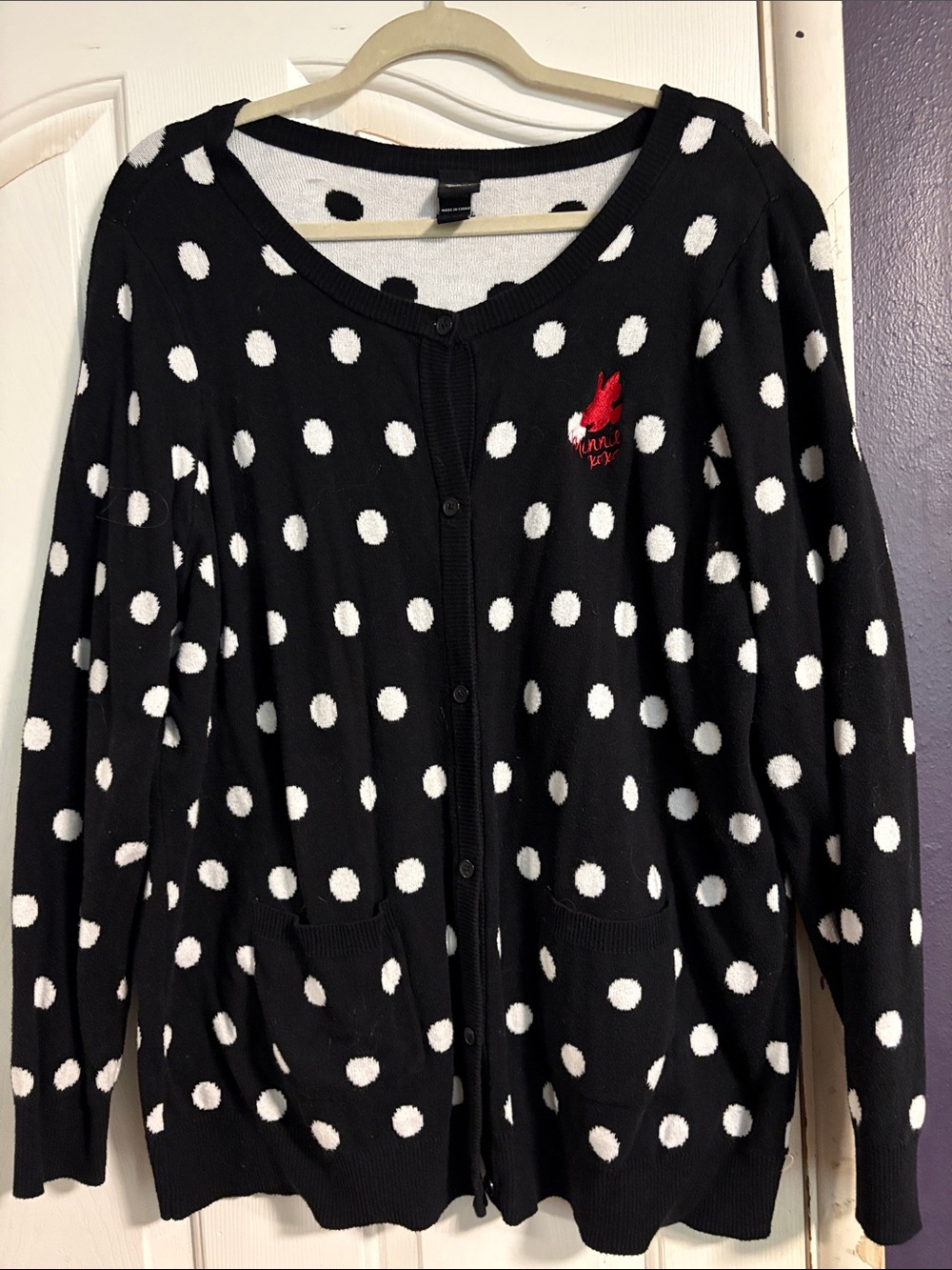 Disney Black and White Polka Dot Cardigan with Red Accent